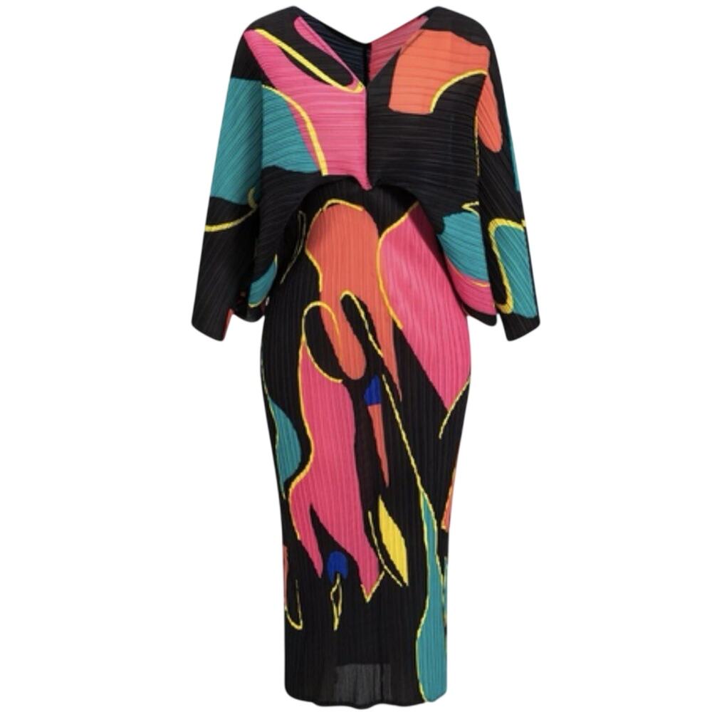 NWT Color Block Print Pleated Bat Wing Sleeve Stretch Maxi Dress L Dopamine